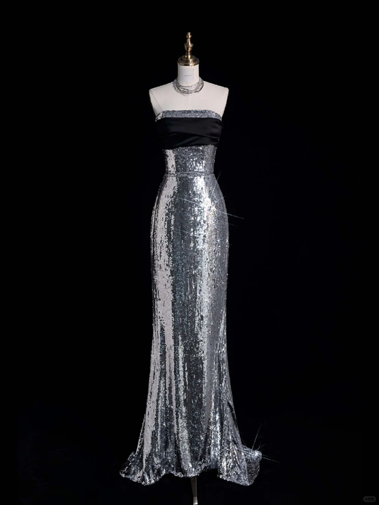 Shiny Sheath Strapless Silver Sequin Black Satin Bow Long Prom Dress Graduation Prom Dress DP2270