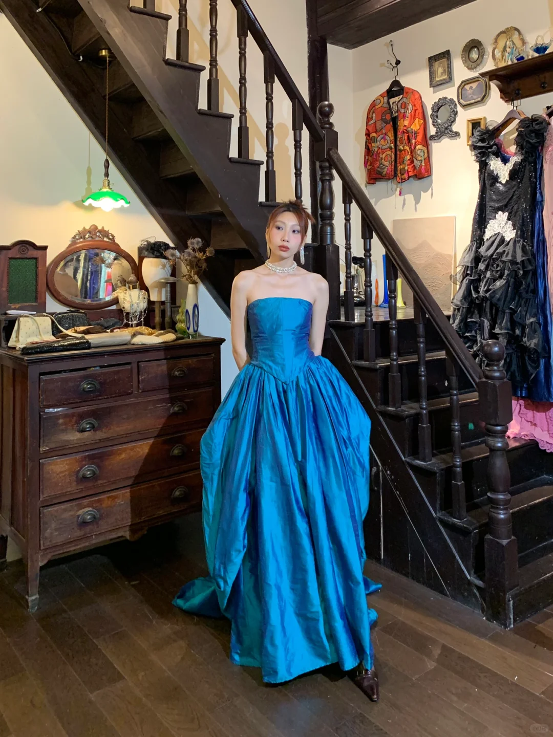 Vintage A Line Strapless Blue Satin Long Party Dress Evening Dress DP2438