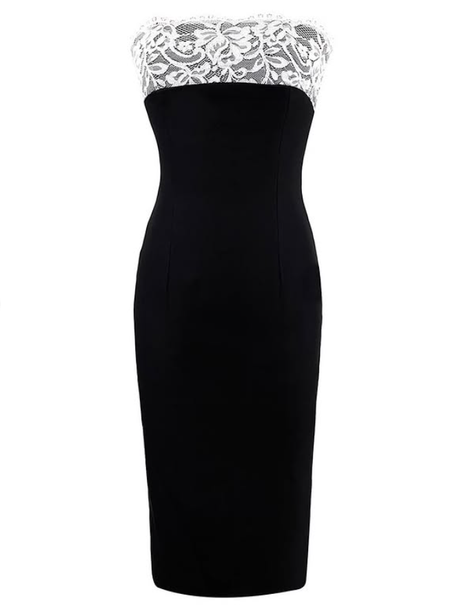 Classic Sheath Strapless White Lace Black Satin Homecoming Dress Birthday Dress DP4011