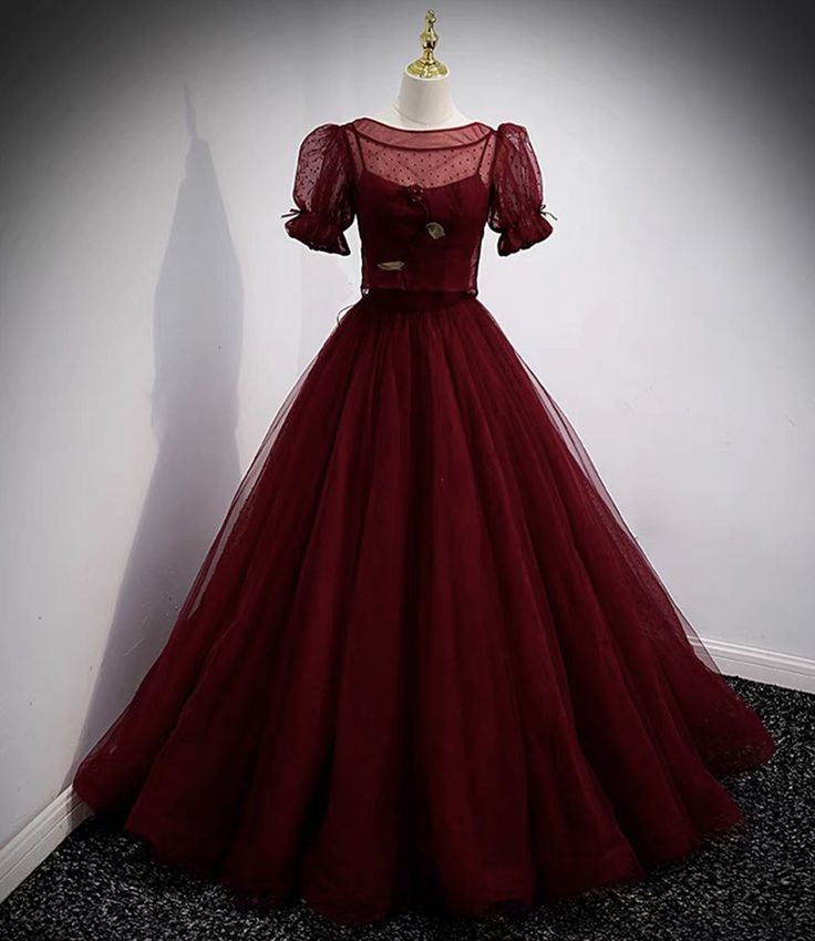 Burgundy Tulle A Line Long Prom Dress Party Evening Dress DP003