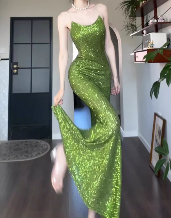 Shiny Green Mermaid Spaghetti Strap Sequin Prom Dress Evening Dress Party Dress DP3582