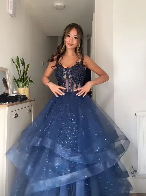 Unique Ball Gown Spaghetti Straps Navy Blue Tulle Lace Prom Dresses Party Dress 21st Birthday Outfits Graduation Dress DP6809