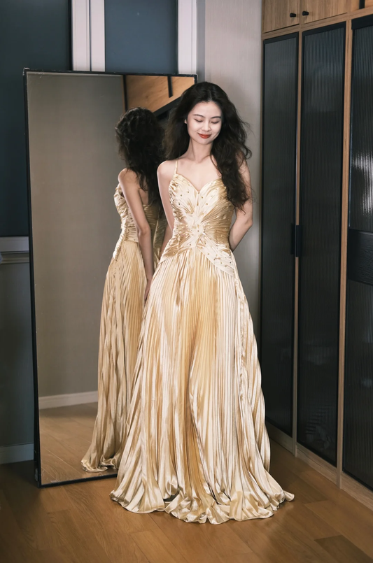 New A Line Spaghetti Strap Beaded Pleated Golden Satin Prom Dress Evening Dress DP2464