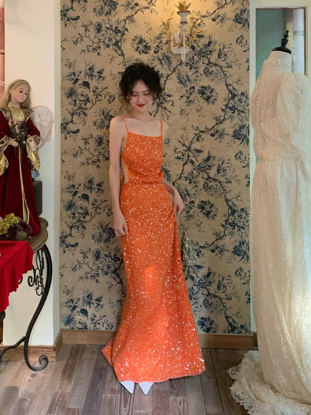 Backless Vintage Orange Sheath Spaghetti Strap Beaded Chiffon Prom Dress 19th Birthday Dress DP3928