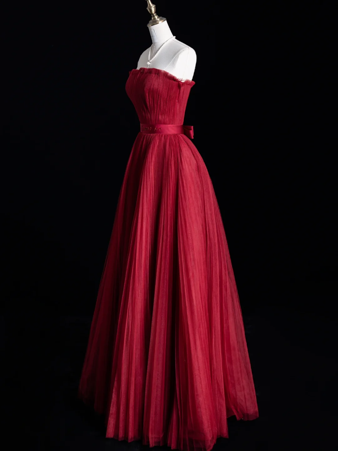 Simple A Line Strapless Burgundy Tulle Long Prom Dress Evening Dress DP2090