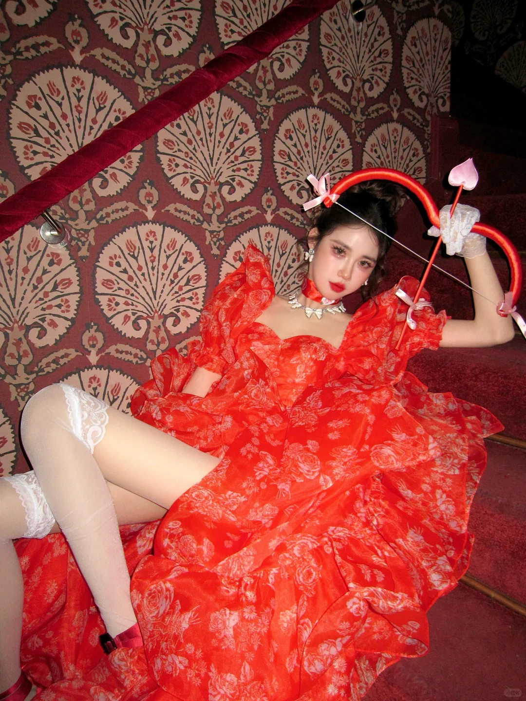 Red Ball Gown Puff Print Floral Ruffle Chiffon Long Party Dress Birthday Dress with Slit DP2523