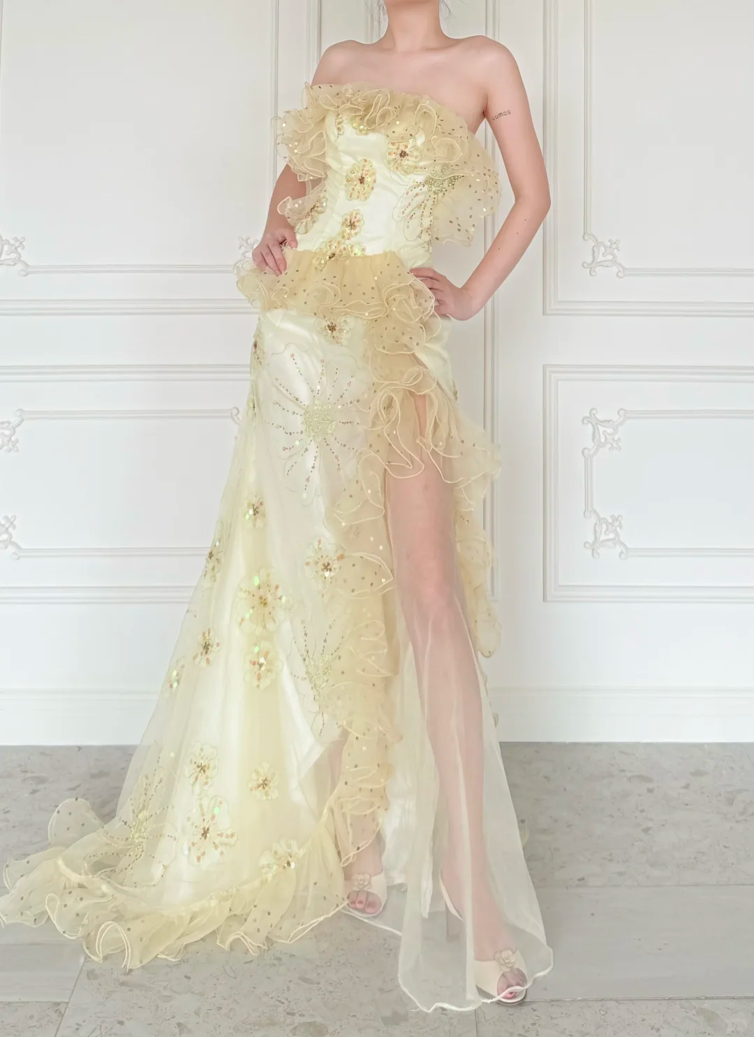 Pretty Mermaid Strapless Shiny Sequin Yellow Organza Slit Prom Dress Evening Dress DP6446