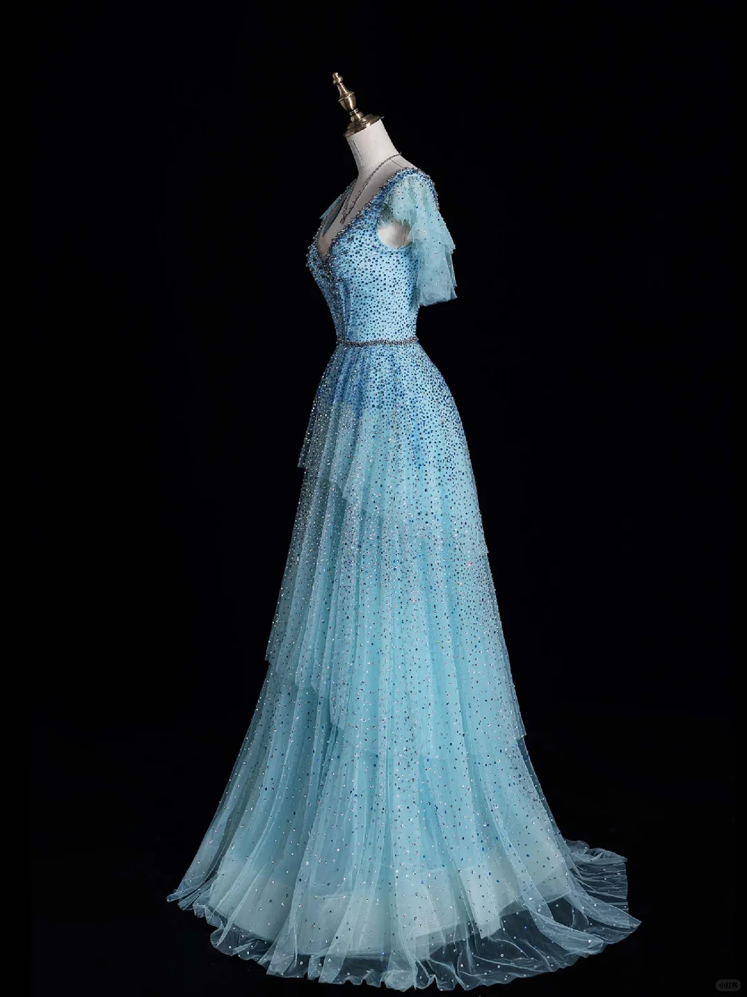 Gorgeous A Line V Neck Tiered Sequin Blue Tulle Prom Dress Graduation Prom Dress DP2015