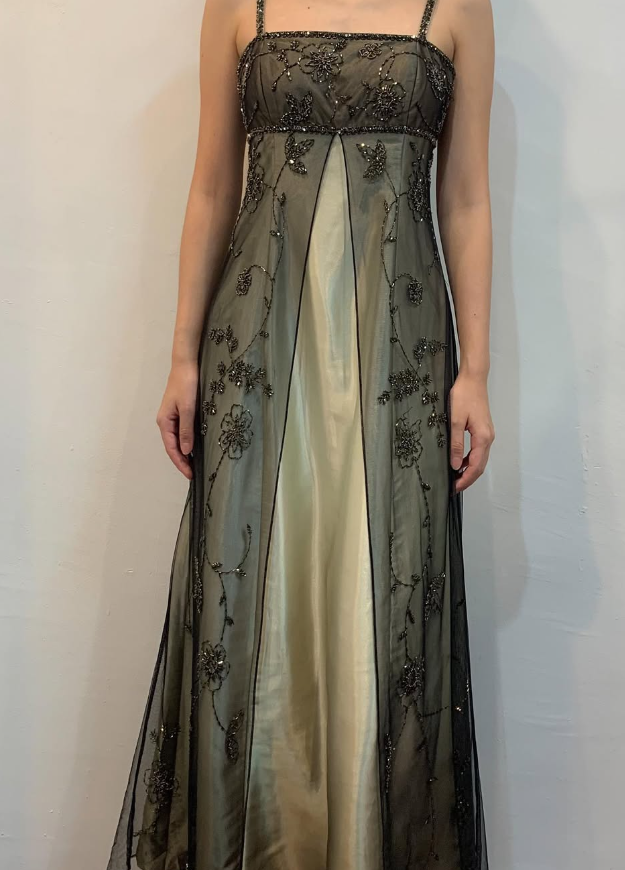 Vintage A Line Spaghetti Straps Appliques Beaded Satin Tulle Prom Dress Evening Dress DP1382