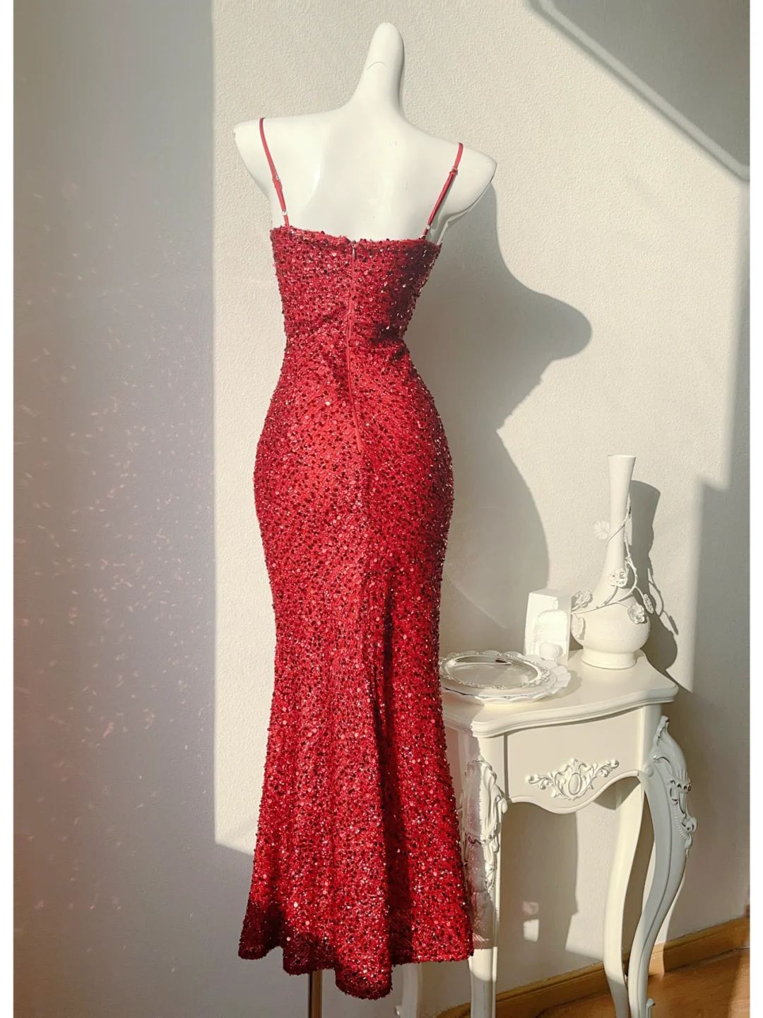 Sexy Sheath Spaghetti Strap Corset Red Lace Sequin Party Dress Evening Dress DP2591