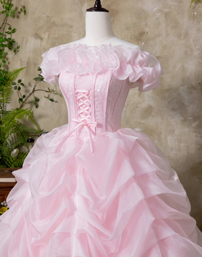 Pink Ball Gown Off the Shoulder Layered Lace Organza Prom Dress 16th Birthday Dress DP3565