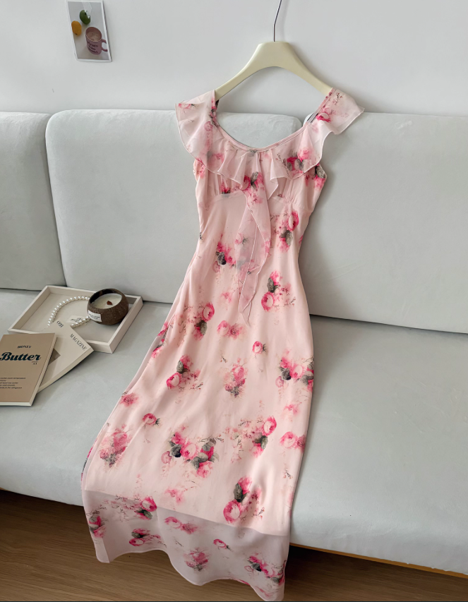 Pink Sheath V Neck Ruffle Chiffon Vacation Dress Homecoming Dress Outfits DP3545