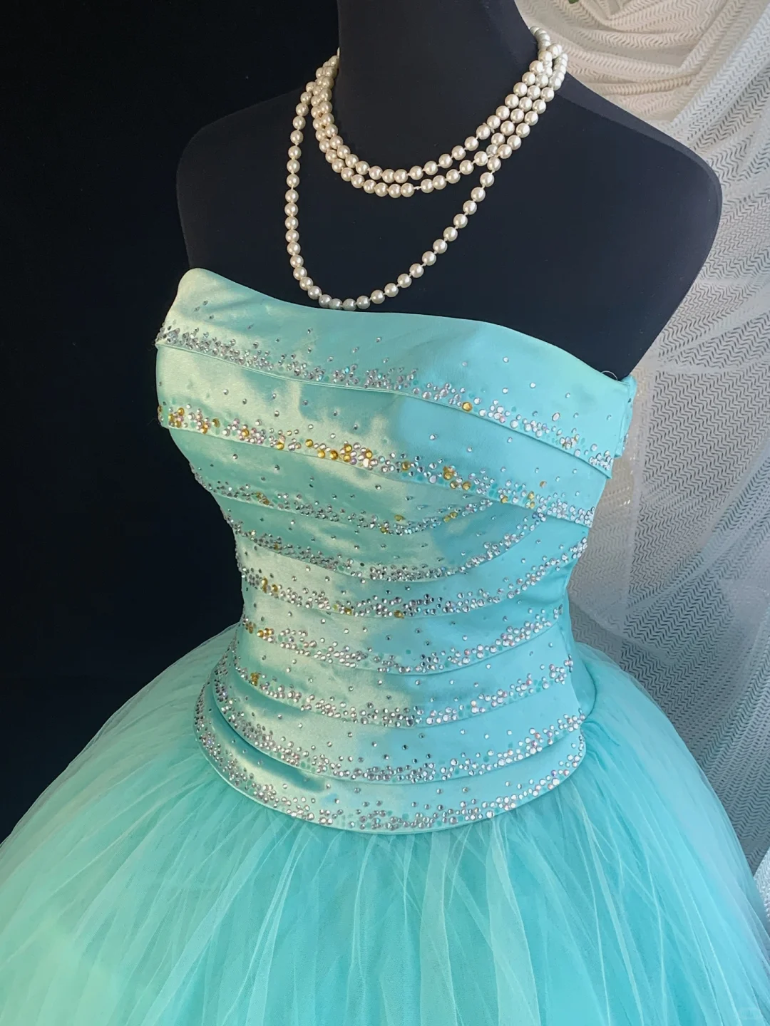 Vintage Ball Gown Strapless Beaded Layered Blue Tulle Satin Prom Dress 18th Birthday Dress DP4153
