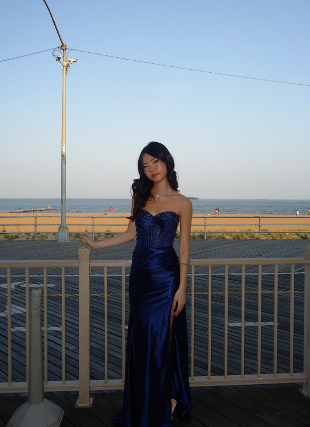 Navy Blue Mermaid Sweetheart Neck Beaded Satin Prom Dress Evening Dress with Slit DP3463