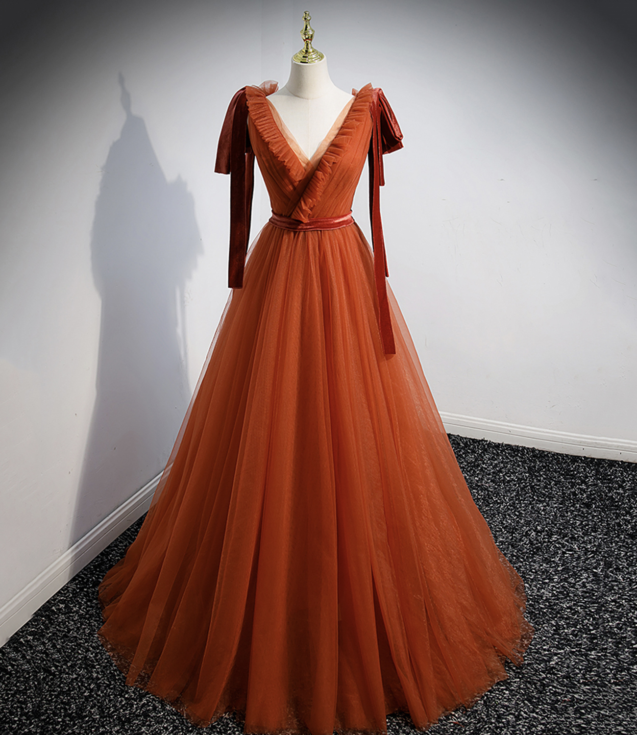 Simple V Neck Tulle Long Prom Dress A Line Evening Dress DP455