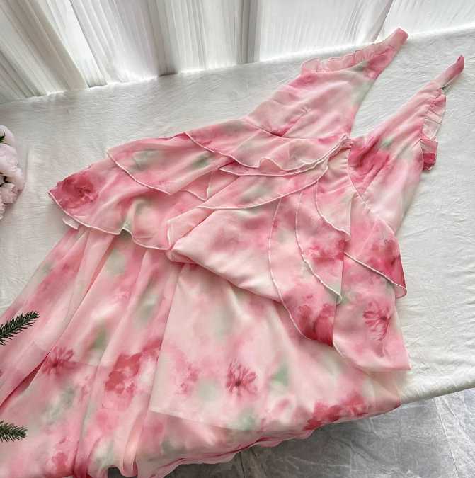 Pink A Line Halter Print Floral Layered Chiffon Vacation Dress Prom Dress Outfits DP3555