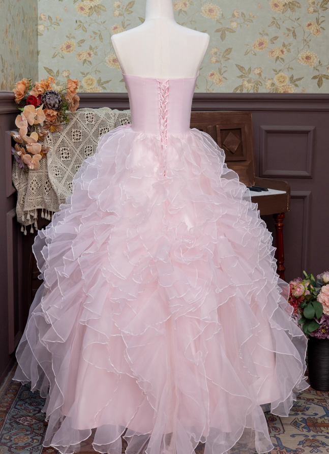 Pink Ball Gown Strapless Ruffle Layered Organza Prom Dress 16th Birthday Dress DP3563