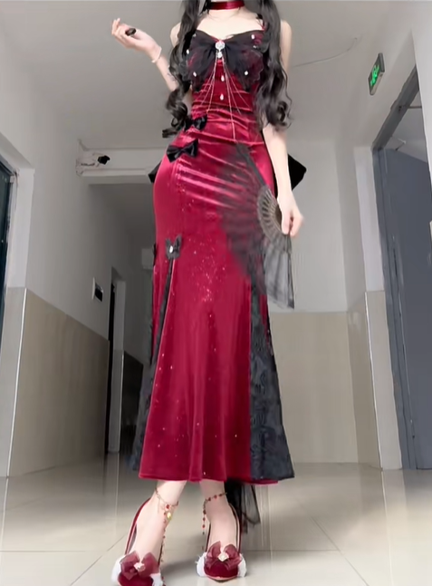Sexy Burgundy Mermaid Straps Bow Lace Velvet Prom Dress Graduation Ball Gown DP4563