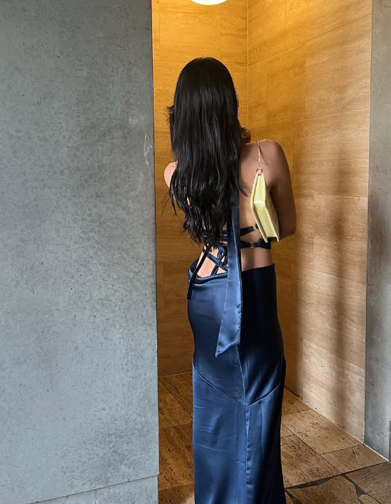 Two Piece Mermaid Halter Navy Blue Satin Long Prom Dress Evening Dress DP1329