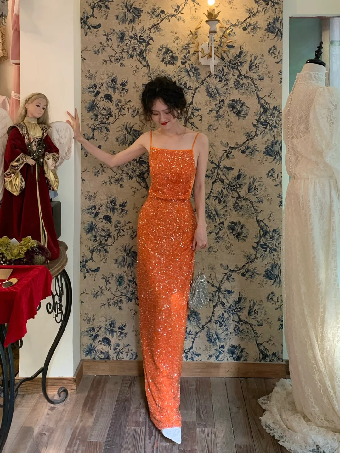 Backless Vintage Orange Sheath Spaghetti Strap Beaded Chiffon Prom Dress 19th Birthday Dress DP3928