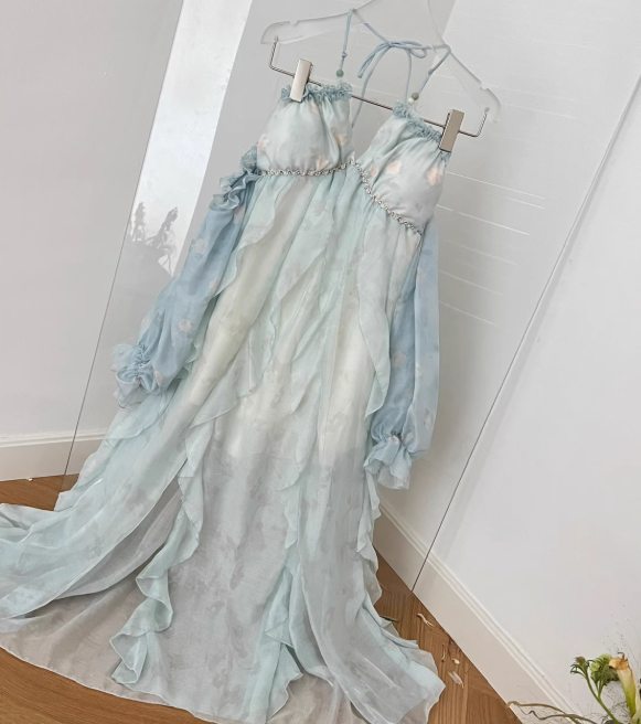 Flowy Blue A Line Halter Ruffle Chiffon Vacation Dress Homecoming Dress Outfits DP3546