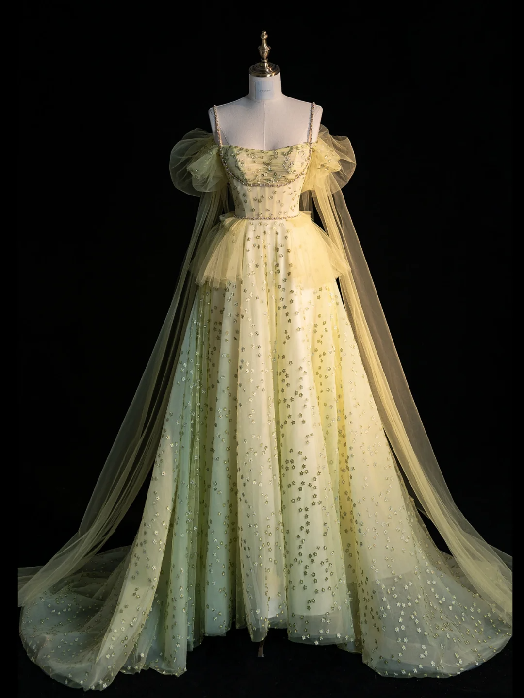 Unique A Line Off the Shoulder Flower Yellow Tulle Evening Dress Party Dress DP2292