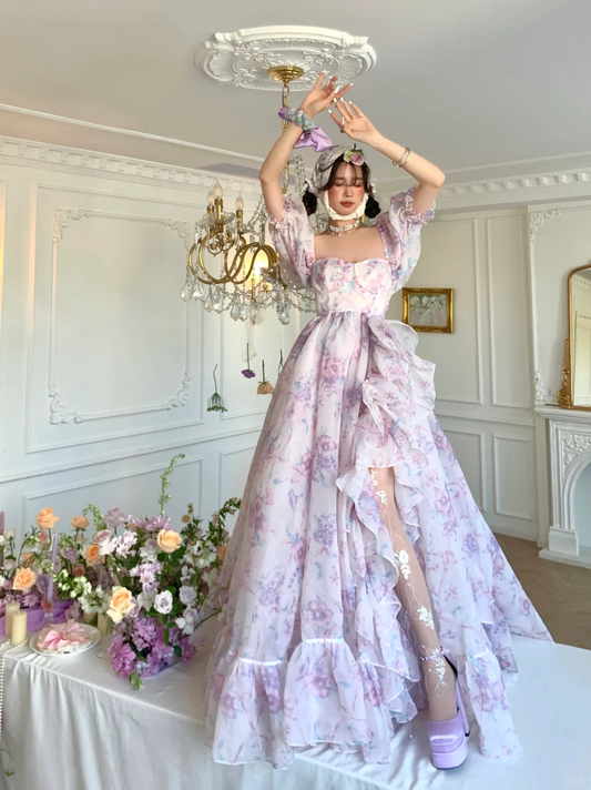 Purple Ball Gown Puff Print Floral Ruffle Chiffon Long Party Dress Birthday Dress with Slit DP2423