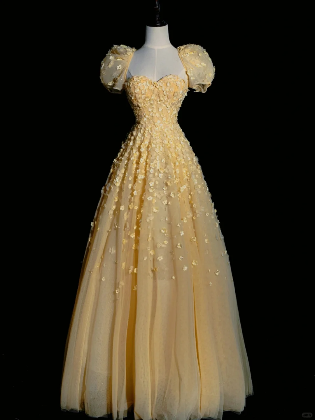 Cute A Line Puff Sleeve Yellow Flower Tulle Long Prom Dress Graduation Prom Dress DP2142
