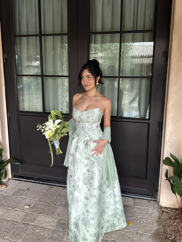 Sage Green A Line Strapless Print Floral Satin Long Bridesmaid Dress DP4966
