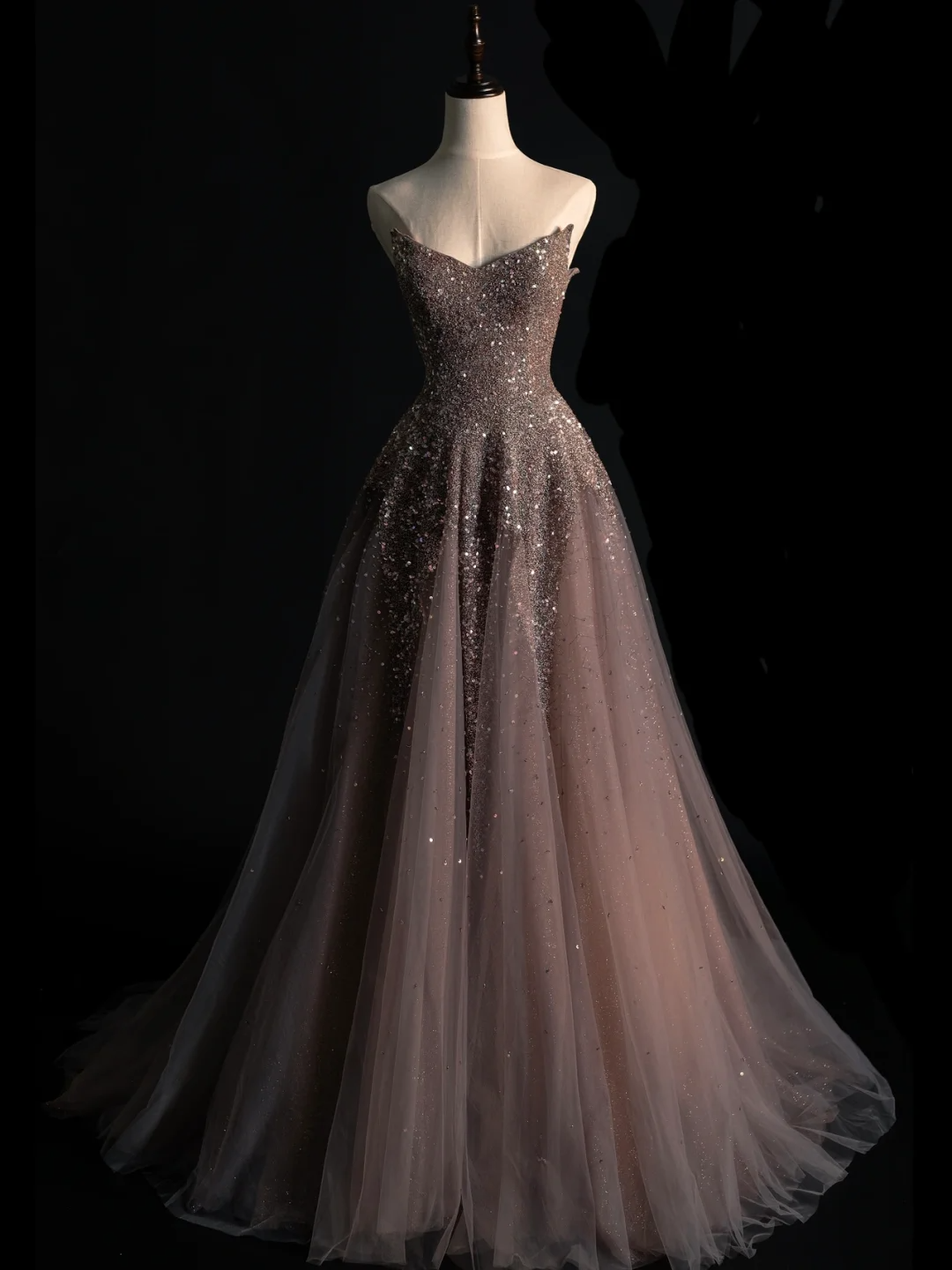 Shiny A Line Strapless Sequin Tulle Long Prom Dress Graduation Prom Dress DP2215