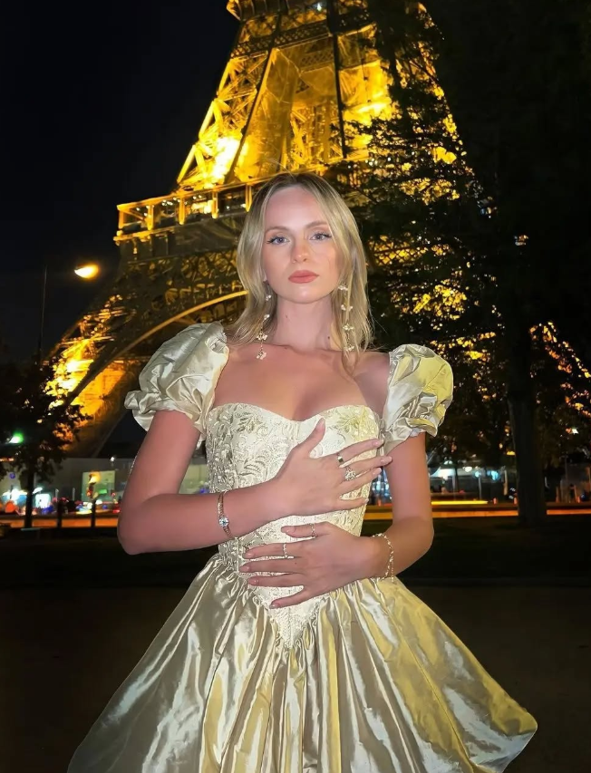 Princess Champagne A Line Puff Embroidery Satin Homecoming Dress Cocktail Dress DP3164