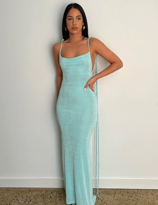 Sexy Sheath Spaghetti Strap Blue Velvet Open Back Long Prom Dress Evening Dress DP1896