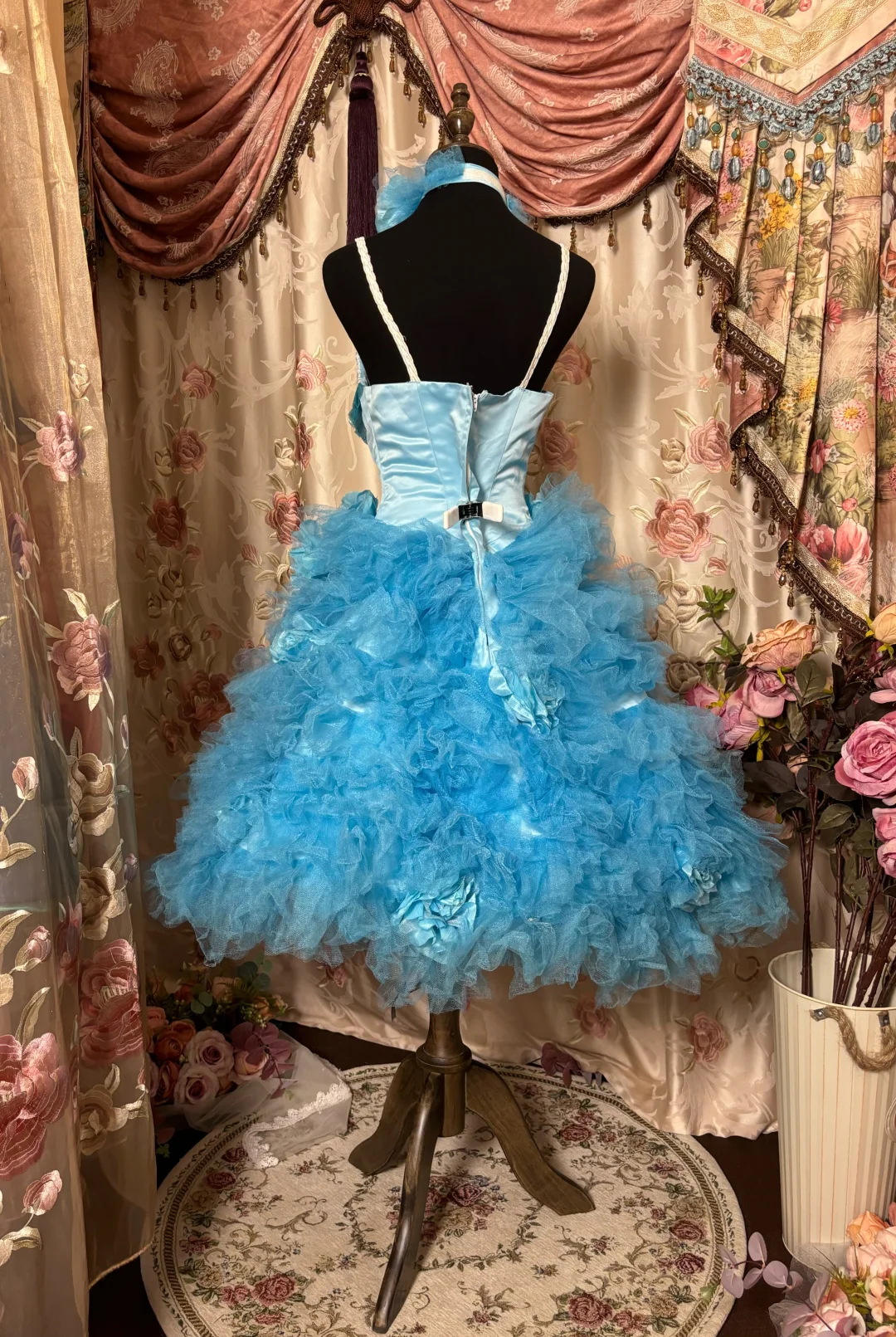 Blue Retro A Line Spaghetti Strap Floral Lace Tulle Satin Homecoming Dress Cocktail Dress DP3177