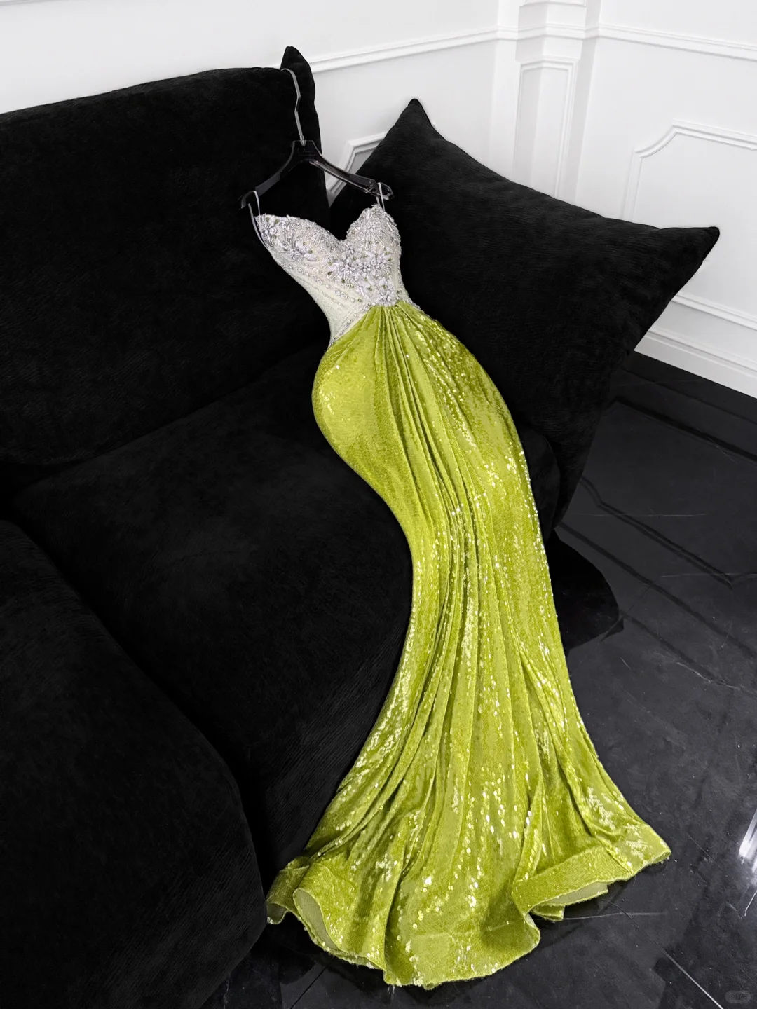 Gorgeous Mermaid Strapless Rhinestone Green Sequin Tulle Long Prom Dress Evening Dress DP2557