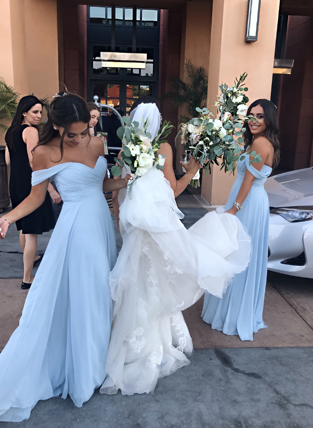 Blue A Line Off the Shoulder Chiffon Long Prom Dress Bridesmaid Dress DP1521