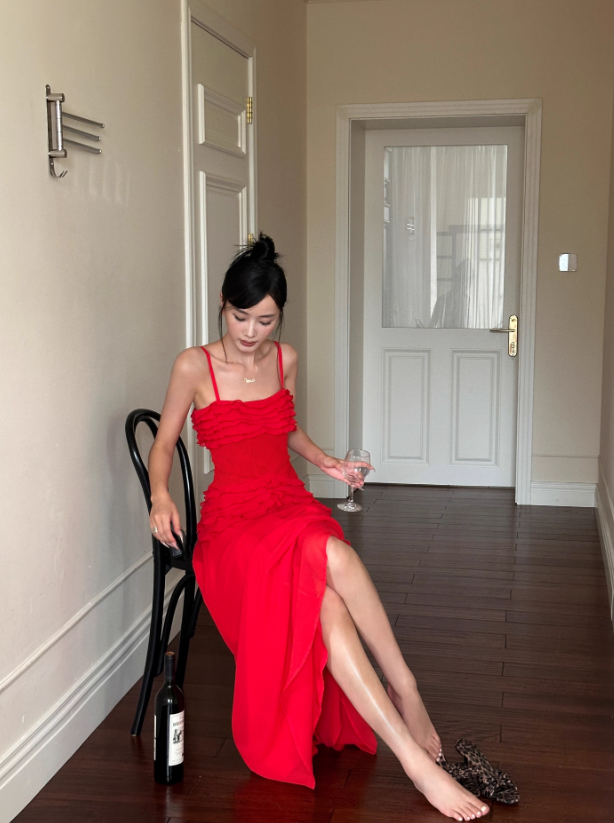 Charming Red A Line Spaghetti Strap Chiffon Prom Dress Date Dress Outfits DP3457