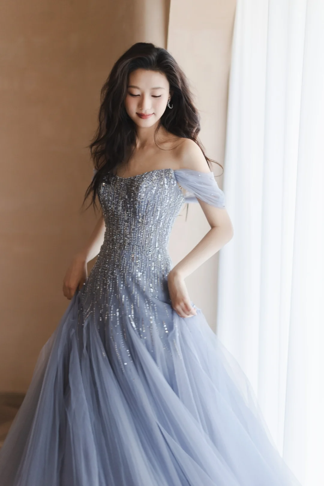 Gentle Blue A Line Off the Shoulder Sequin Beaded Tulle Long Prom Dress Formal Dress DP3336