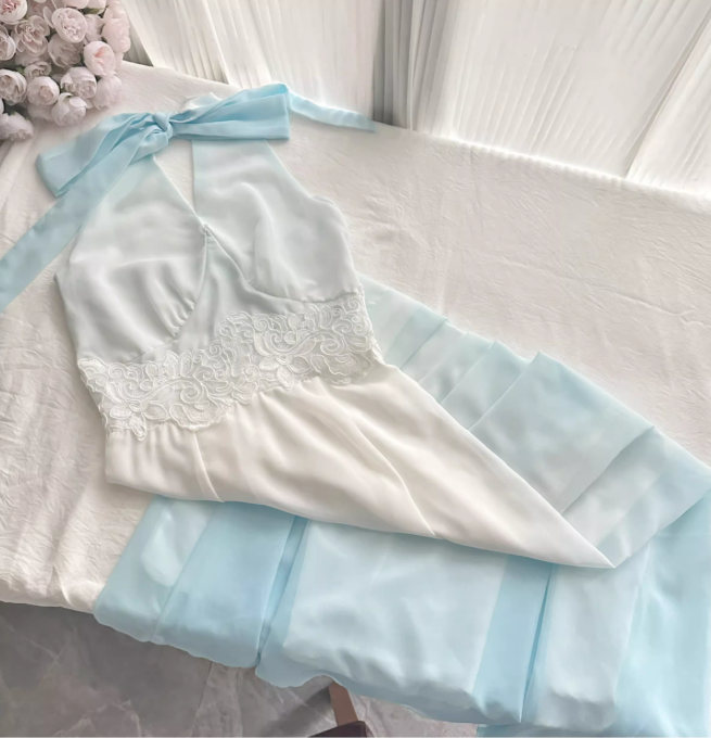 Blue Ombre A Line Halter Appliques Chiffon Vacation Dress Prom Dress Outfits DP3552
