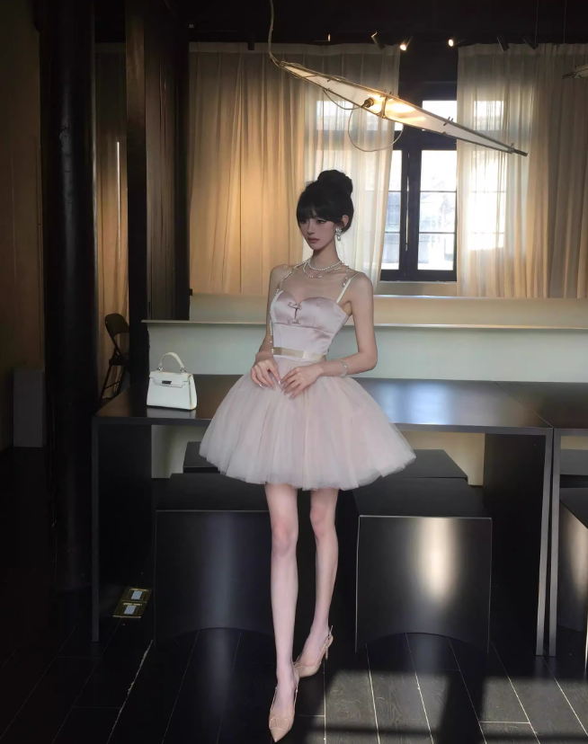 Light Pink A Line Spaghetti Strap Satin Tulle Homecoming Dress Birthday Dress DP3215