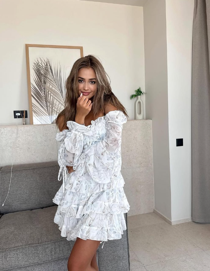 Gentle Print Floral A Line Long Sleeve Layered Chiffon Short Homecoming Dress OutfitsDP3032