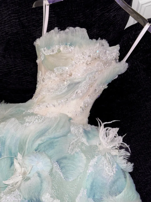 Romantic A Line Strapless Blue Appliques Tulle Prom Dress Evening Dress DP2779