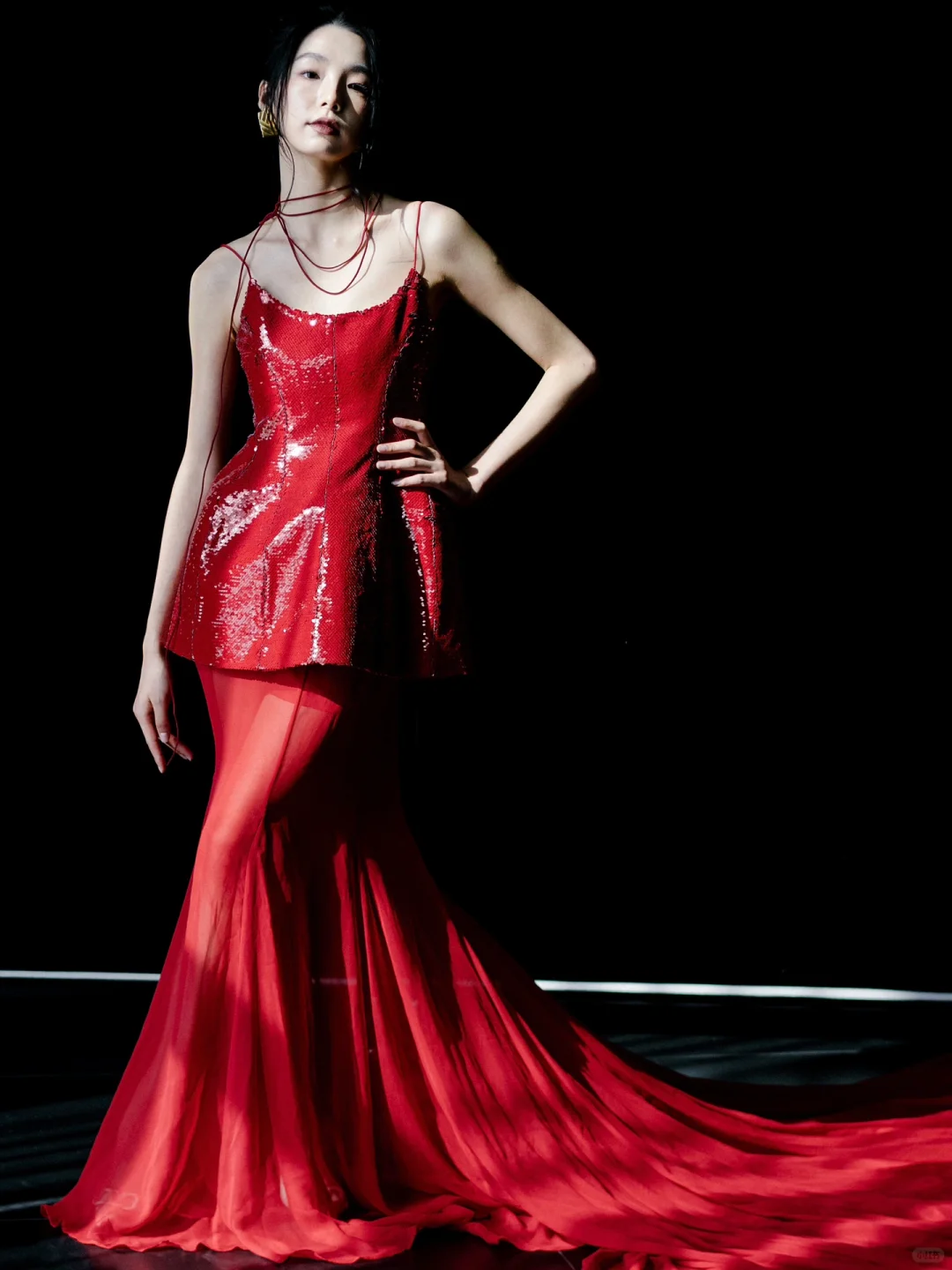 Shiny Mermaid Spaghetti Strap Red Sequin Chiffon Long Party Dress Prom Dress DP2536