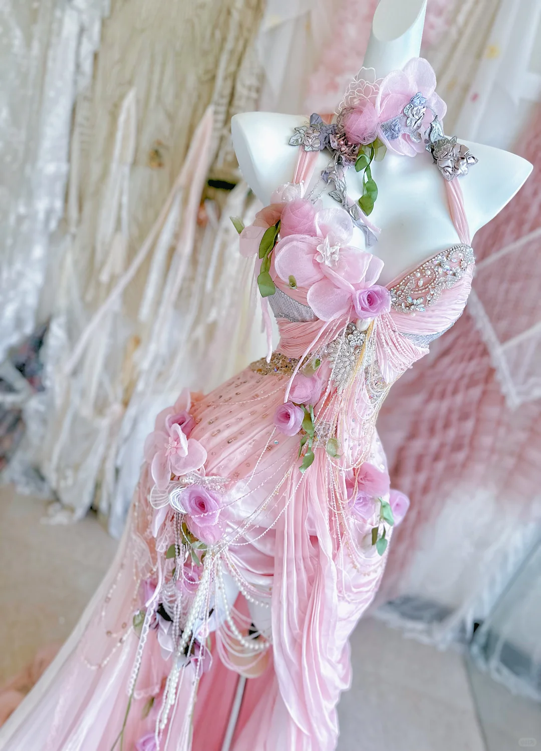 Gentle Pink Mermaid Exquisite Beaded Floral Tulle Lace Prom Dress Evening Dress Party Dress DP2972