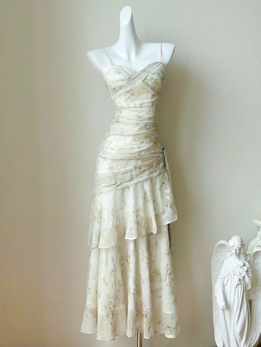 Green A Line Spaghetti Straps Ruffle Print Flower Chiffon Party Dress Cocktail Dress DP2707