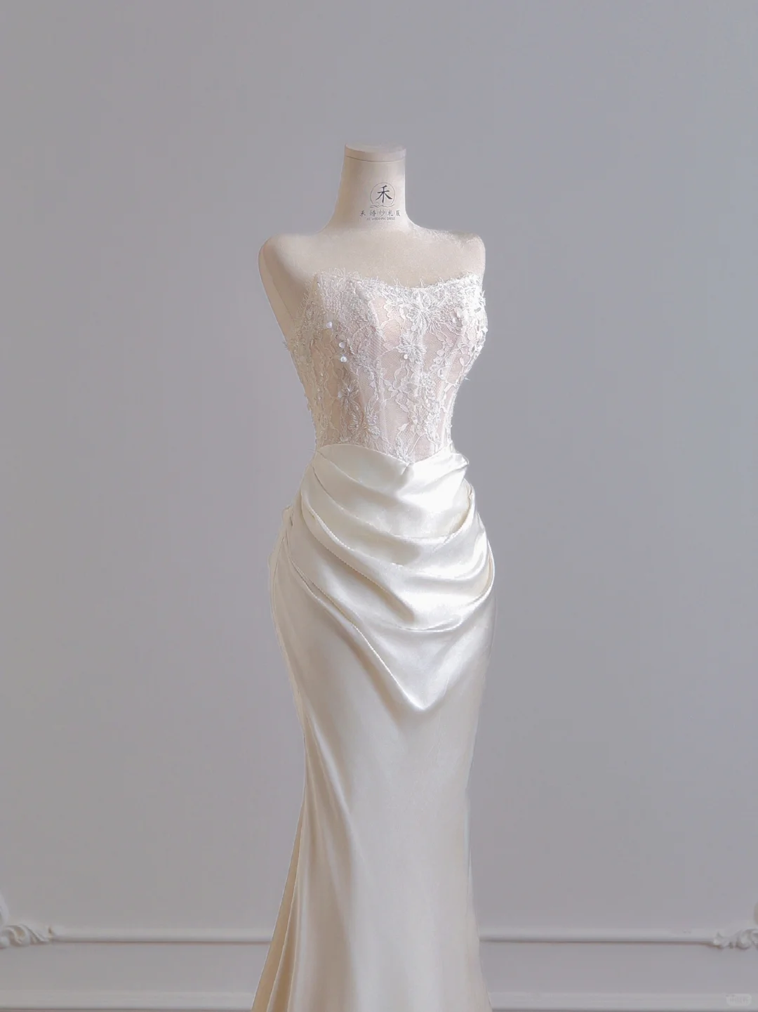 White Mermaid Strapless Lace Satin Long Prom Dresses Wedding Dresses DP4187