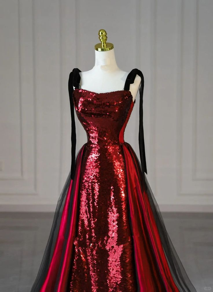 Burgundy Sequins With Black Tulle Long Party Dress Prom Dress DP159