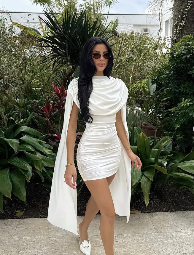 White Sexy Sheath Pleated Satin Short Homecoming Dress Cocktail Dress with Cape DP3197