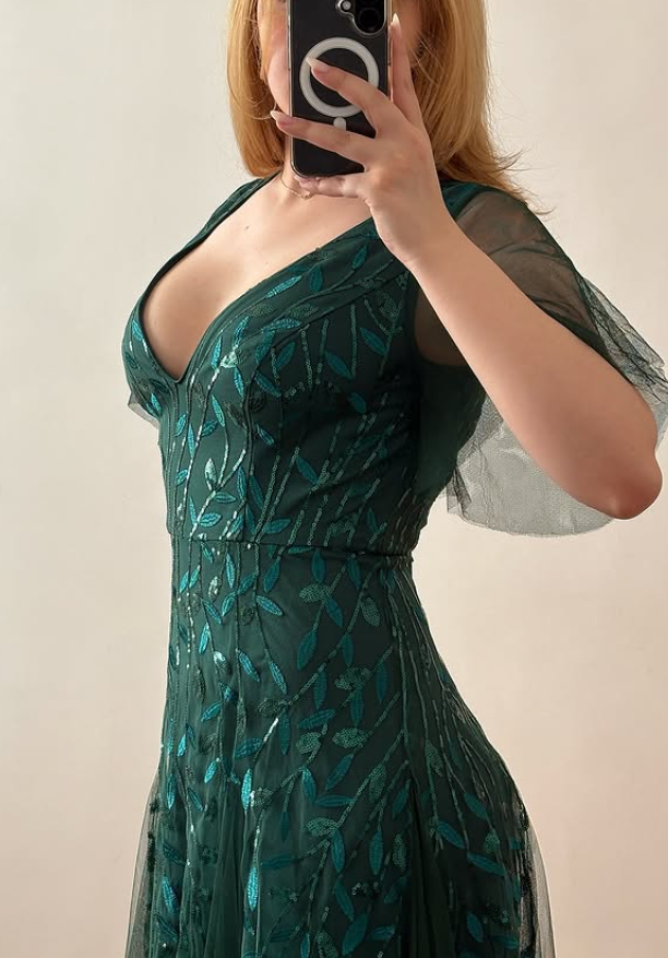 Elegant Dark Green A Line V Nekc Sequin Tulle Prom Dress Evening Dress DP6416