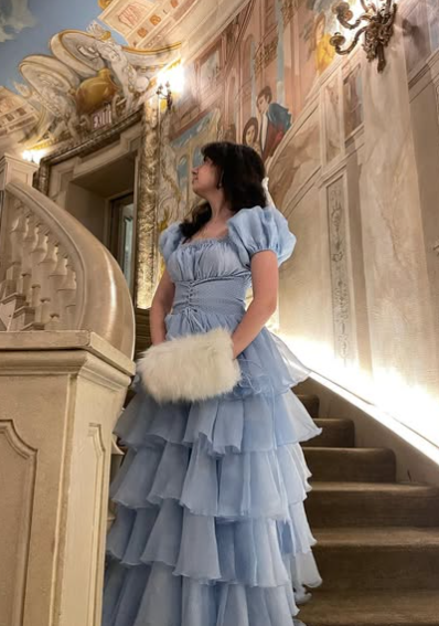 Blue A Line Puff Sleeve Layered Satin Organza Long Prom Dress Evening Dress DP1333