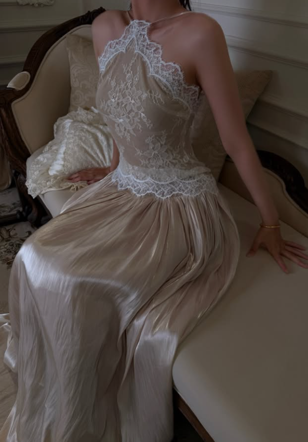 Romantic A Line Halter Apricot Lace Satin Prom Dress Evening Dress DP7924